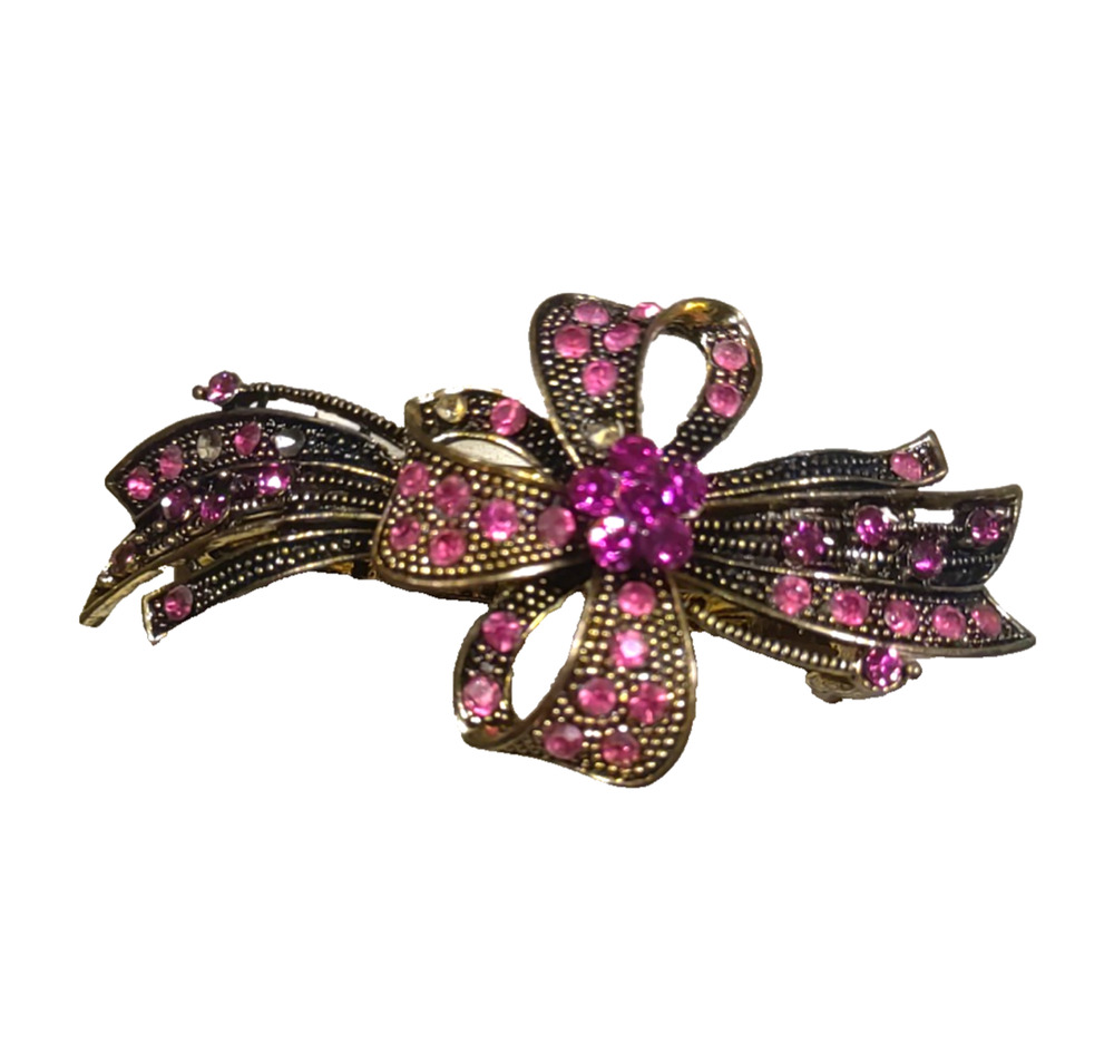 Pink Red Rhinestone Hair Barrette Tension Clip Bow Gold Tone Metal Party Flaw